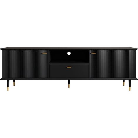 Mueble de TV de MDF negro con puertas, compartimento abierto y cajón, acabado lacado (1/5)