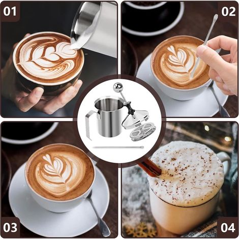 Montalatte manuale - 400 ml - Montalatte in acciaio inox - Montalatte manuale a doppio filo - Montalatte manuale per una schiuma di latte perfetta - Utensile da cucina (1/5)