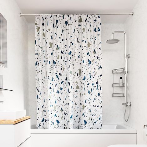 Croydex Shower Curtain with Blue Terrazzo Design - 100% Polyester with a Weighted Hem, Machine Washable and coated with Proseal for Water Repellence, 1800x1800mm (1/4)