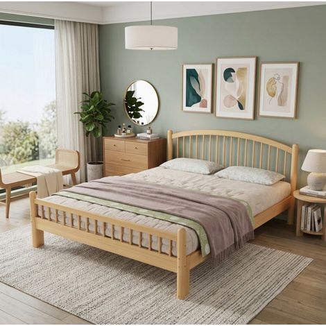 Lit en bois massif minimaliste beige naturel 140x200 cm avec tête de lit à barreaux et sommier à lattes (1/5)