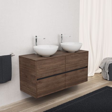 Inda - Badezimmerschrank 4 Schubladen L.120 mit Doppelwaschbecken / Braune Eiche - Diamante (1/5)