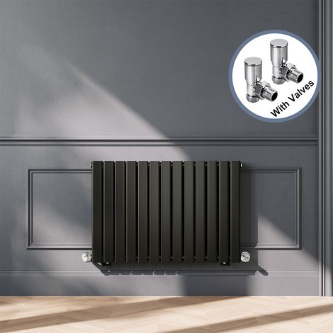 ELEGANT Designer Black Horizontal Radiator 600 x 884mm Double Panel Flat Panel Rads with Chrome Angled Radiator Valves (1/5)