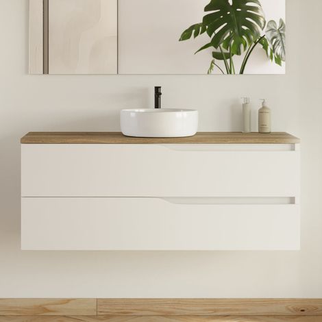Meuble de salle de bain 120cm avec plateau miel et vasque à poser - sans miroir - 2 tiroirs - blanc - LUNA (1/5)