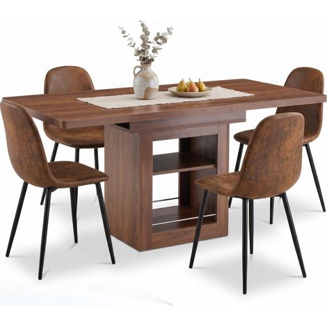 FurnitureR Ausziehbare Essgruppe mit Tisch und 4 Stühlen Walnussoptik Ausziehbarer Tisch von 130 bis 160 cm mit Stauraum und 4 Stühlen in Wildlederoptik (1/5)