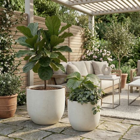 Jardinières rondes en béton blanc cassé, lot de 2, trous de drainage, 37x33 cm et 46x40 cm (1/5)