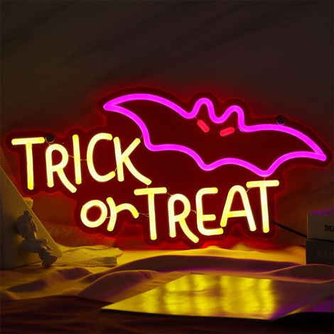 Enseigne lumineuse d'Halloween décoration murale « Trick Treat » à suspendre pour la maison le bar ou le salon 31 x 16 cm Or (1/5)
