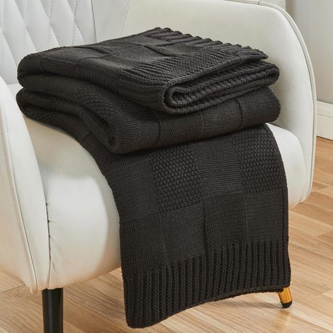 Carreaux tricotés à carreaux, carreaux à carreaux noirs brillants, carreaux décoratifs de Noël en tricot doux, adaptés au lit/canapé/salon, dimensions 130160 cm (1/5)
