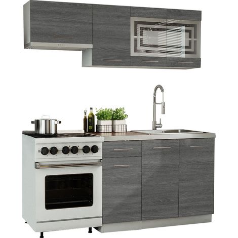 Cuisine GIOVANNA 5 éléments - bois grisé 1m80 - portes vitrées à motif (1/2)