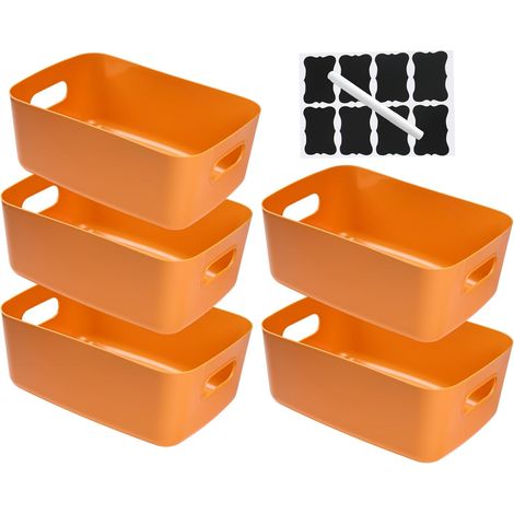 Lot de 5 Paniers Boîtes de Rangement en Plastique avec Poignées,Paniers de Rangement Empilables pour la Cuisine,Paniers & Boîtes de Rangement Cuisine Salle de Bain (Orange, 30×20×12 cm)