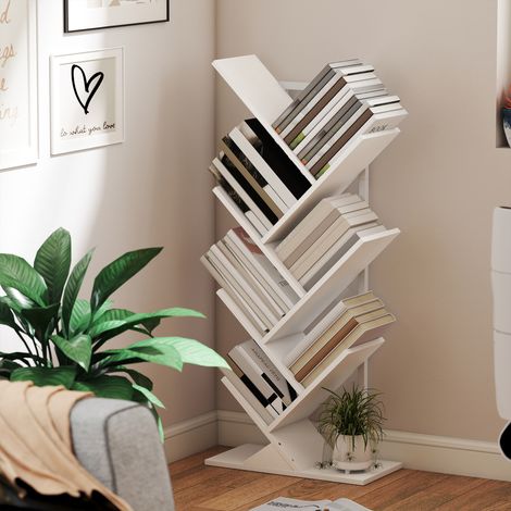 Étagère à livres, étagère autoportante à 7 niveaux, étroite, en forme d'arbre, pour bureau, blanc rustique (1/5)