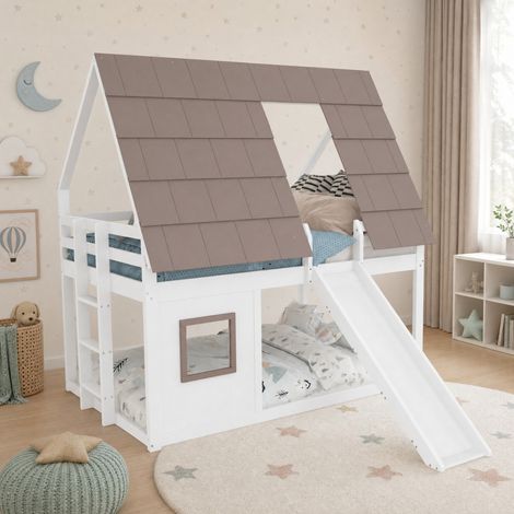 Lit mezzanine 140x200 cm MDF/pin blanc et brun, avec toboggan gain de place, sans matelas – MEUBLIV (1/5)