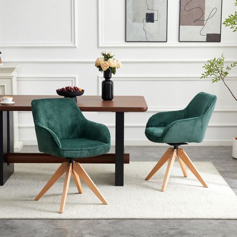 Ensemble de 2 fauteuils pivotants rétro en velours vert foncé avec rotation silencieuse à 360°, pieds en bois massif, légers — fauteuils tournants rétro parfaits pour salle à manger, salon ou bureau (1/5)