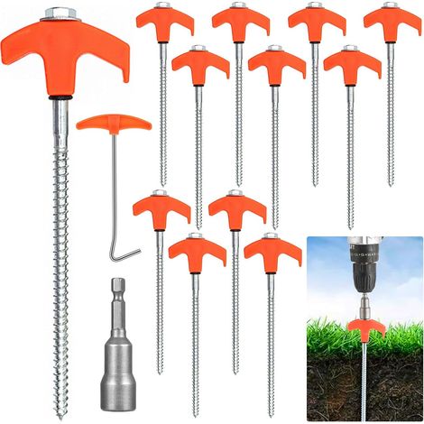 Set mit 12 Zeltheringen inklusive Schraubendreher, drehbaren Zeltheringen mit Gewinde, Heringen für felsigen Untergrund beim Camping, mit Akkuschrauber-Adapter und Nagelzieher