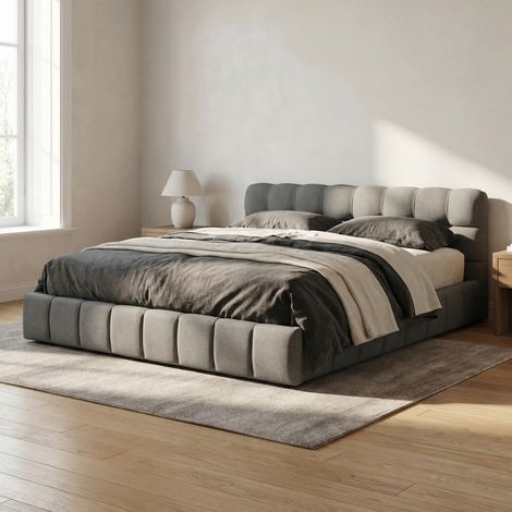 Bett Erwachsene 140x190 mit Lattenrost, Polsterbett Leinen, Wolken-Design & niedriger Bettrahmen, moderner Skandi-Stil(140x190cm, Grau)