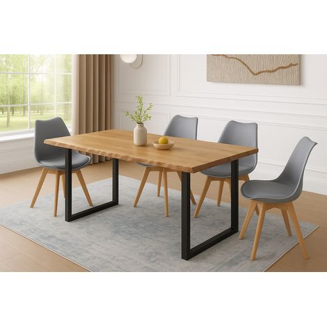 Essgruppe Baumkante massiv 140 x 80 cm Holz Wildeiche-Optik U-Gestell schwarz & 4 Stühle grau JOSY (1/5)