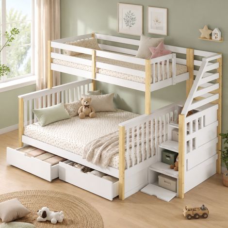 Etagenbett 90/200 + 140/200 cm en blanco/natural con cajones y escalera lateral (1/5)