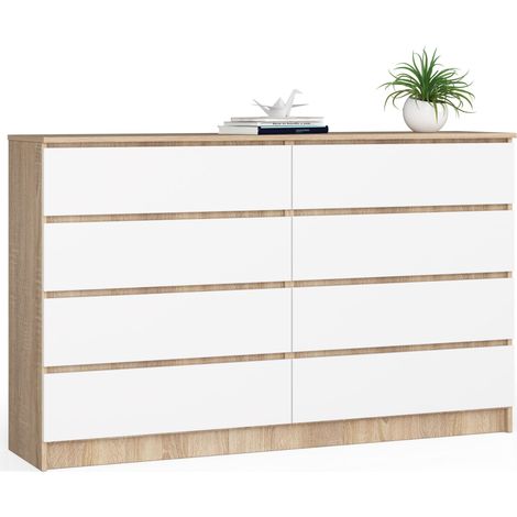 Kommode AKORD K160 Sonoma-Eiche 160 cm 8 Schubladen Front Weiß B160 x H99 x T40 cm (1/5)