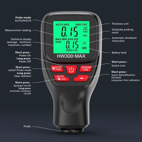 Jauge épaisseur film automobile numérique LCD haute précision 0-2000 µm – testeur revêtement peinture – 3 modes sonde avec étalonnage zéro (1/5)