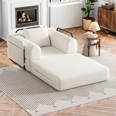 Schlafsofa 2-in-1 mit Armlehnen-Staufach Chenille Beige OKMYHOME (1/5)