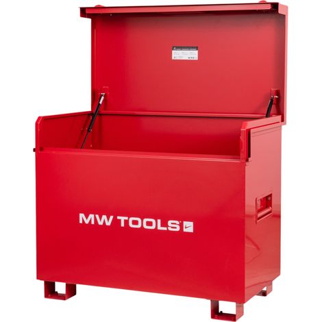 Mw Tools – Coffre de chantier métallique 589 l – Tôle d'acier 2 mm – Charge 1000 kg – Ouverture avec vérins à gaz – MWB545