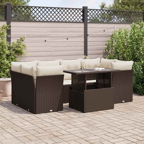 Ensemble de salon jardin 7 pièces marron résine tressée avec rangement et table ajustable (1/5)