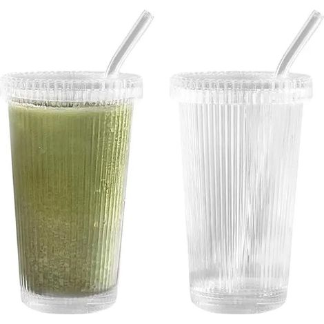 2pcs gobelets en verre transparent nervurés, réutilisables, avec paille et couvercle, pour jus, lait, bière, whisky, 375ml (1/5)