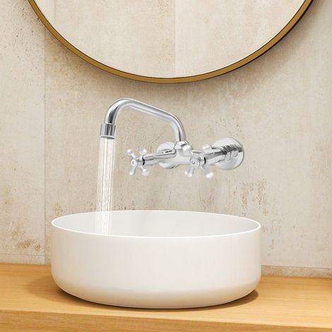 Grifo de pared de dos mangos, montaje en pared, grifo de baño y cocina, grifo para fregadero (1/5)