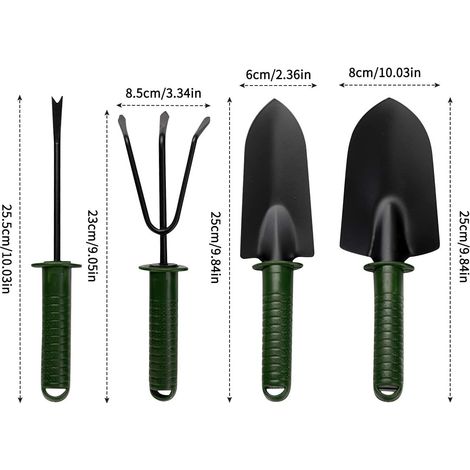 Ensemble de Outils de Jardinage, 4 Pièces Mini Pelle à Main avec Manche, Râteau à Fleurs, Pelle à Terreau avec Poignée pour Balcon, Fourche pour Pot de Jardin, Plantes et Semis (Vert, Noir) (1/4)