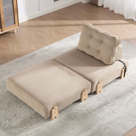 Sillón cama plegable de tela efecto terciopelo con patas de madera, color beige caqui (1/5)