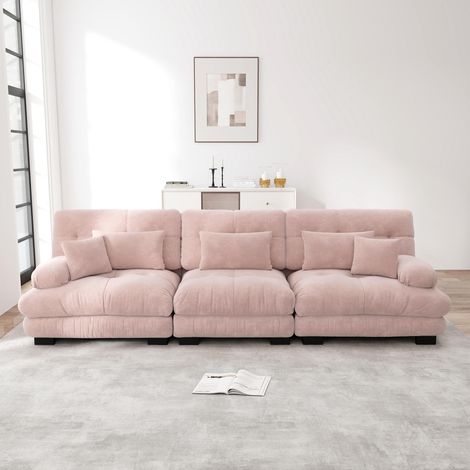 Canapé d'angle modulable 3 places avec assise profonde, canapé-lit en chenille rose, confortablement revêtu pour salon, appartement, studio, bureau (1/5)