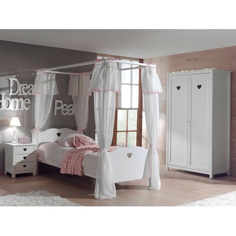 Lit à baldaquin 90x200 - Voile de lit - Chevet 3 tiroirs et Armoire 2 portes Vipack Amori - Blanc (1/5)