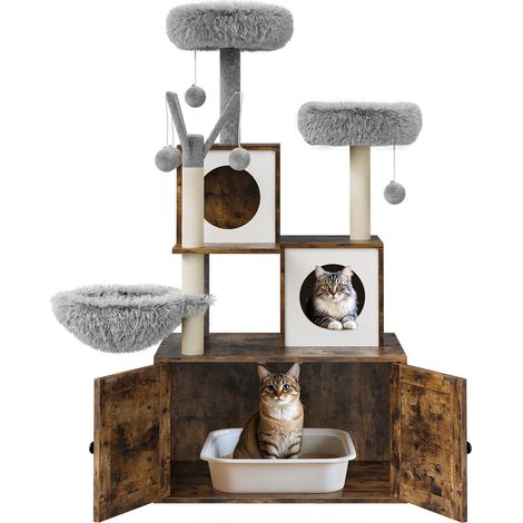 Mobilier pour chat 2-en-1 moderne – Arbre à chat avec meuble cache litière, condo, hamac, perchoir moelleux, griffoirs sisal, plateformes multiples – Chêne et gris clair, armoire à litière 8102, coule (1/5)