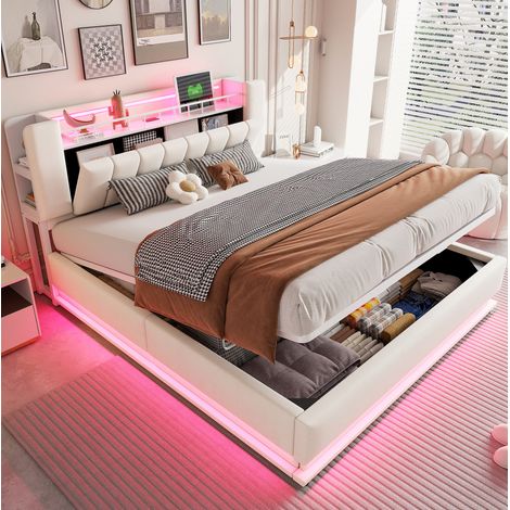 Cama tapizada de terciopelo beige 180x200 cm con LED, USB y almacenamiento hidráulico (1/5)