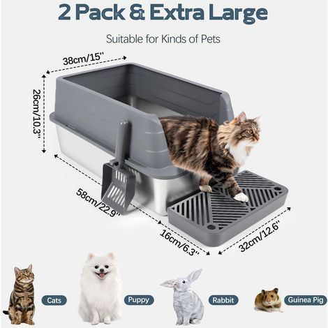 Bac à litière en acier inoxydable pour chat XL grand modèle avec bord haut anti-projection et tapis de litière pelle incluse lot de 2 (1/5)