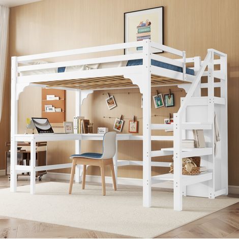 Lit mezzanine 140x200 cm blanc en pin et MDF avec bureau en L et rangements (1/5)