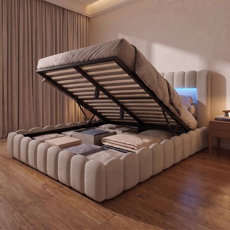 Lit coffre double 160x200 cm avec éclairage LED et USB, lit adulte capitonné en lin, moderne, Beige