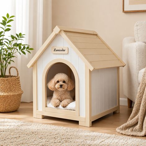 Indoor-Hundehütte aus FSC®-Zedernholz im skandinavischen Stil, Elfenbein (1/5)