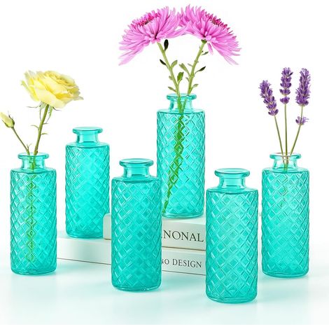 Trintion 6er Set Glasvasen Klein – Vintage Blumenvasen für Tischdeko, Hochzeitsdeko & Home Decor (13cm Hoch, Diamantmuster), Mini Vasen als Teelichthalter oder Deko-Glas (Grün - Set of 6) (1/5)