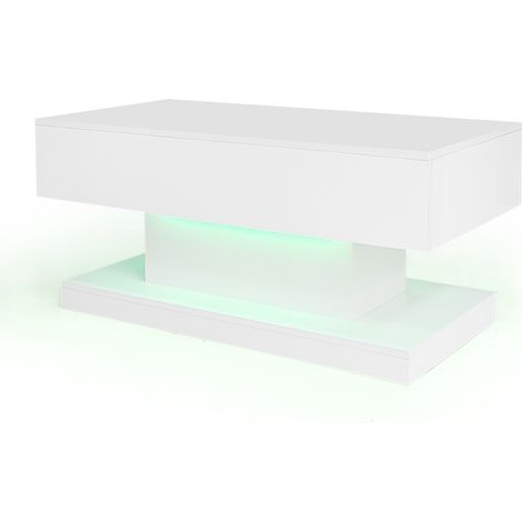 Tavolino da caffè elevabile lucido bianco 100x50x45 cm con LED, piano scorrevole e vano contenitore (1/5)