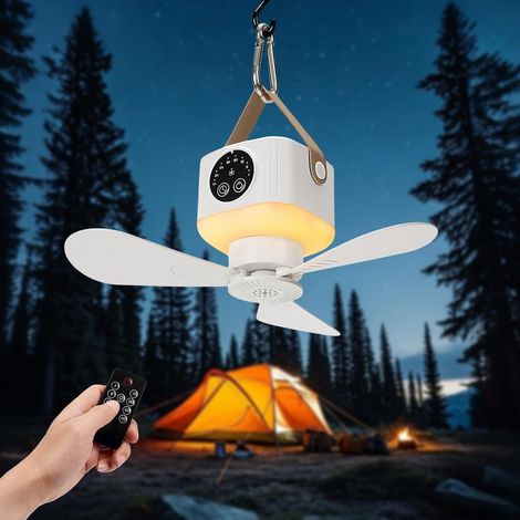 Ventilatore da soffitto portatile ricaricabile tramite USB con luce LED, telecomando, 4 velocità e timer, ideale per campeggio, roulotte e tenda (bianco) (1/5)