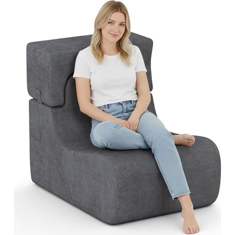 COSTWAY Divano Singolo con Poggiatesta Staccabile, Sedia da Pavimento con Rivestimento in Velluto e Imbottitura in Spugna, Base Antiscivolo, Comoda Sedia da Lettura (Grigio) (1/5)