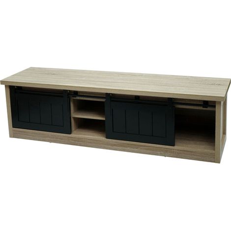 Meuble TV HHG-132, Table de télévision, portes coulissantes, compartiments de rangement, aspect bois métal industriel 43x150x40cm, couleur naturelle