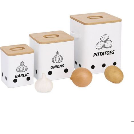 Boîte De Conservation Pommes De Terre - Métal Fer - Couvercle Bambou - Lot De 3 - Pour Pommes De Terre Oignons Ail (1/5)