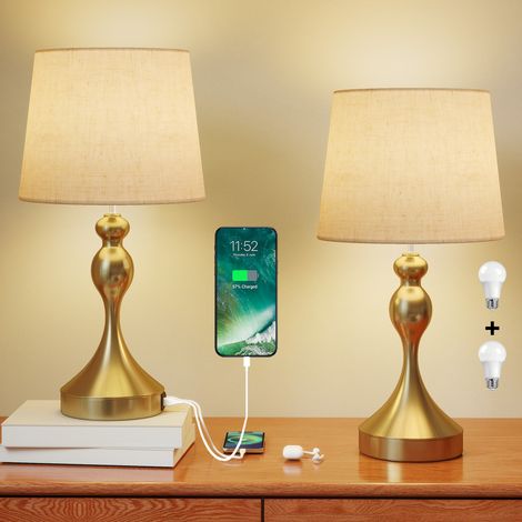 HOMCOM Table Lamps Set of 2, Modern Bedside Lamps with USB Ports, Gold Tone (1/5)