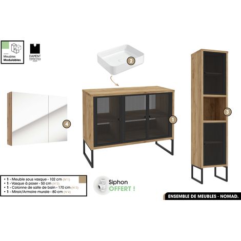Ensemble complet de salle de bain - Meuble - Colonne - Miroir - Vasque avec Siphon OFFERT NOMAD OAK 102 x 80 x 43 cm (1/5)