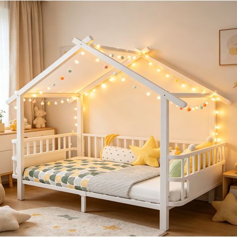 Lit cabane enfant 90x200 cm avec barrières de sécurité, structure stable pour chambre, métal blanc (1/5)