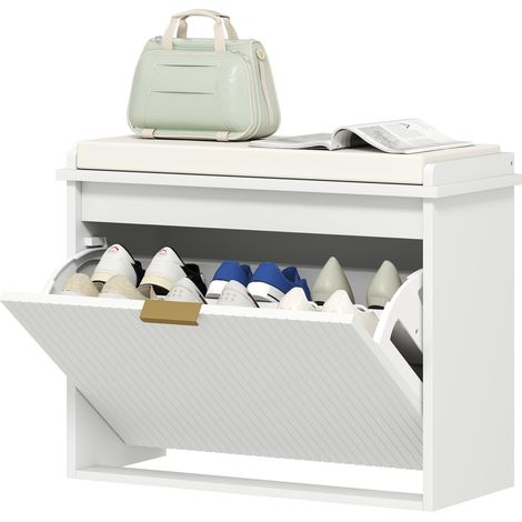 Weiße Schuhbank mit gepolstertem Kissen und Klappschublade, 62 x 26 x 47,5 cm, für Eingangsbereich oder Schlafzimmer (1/5)