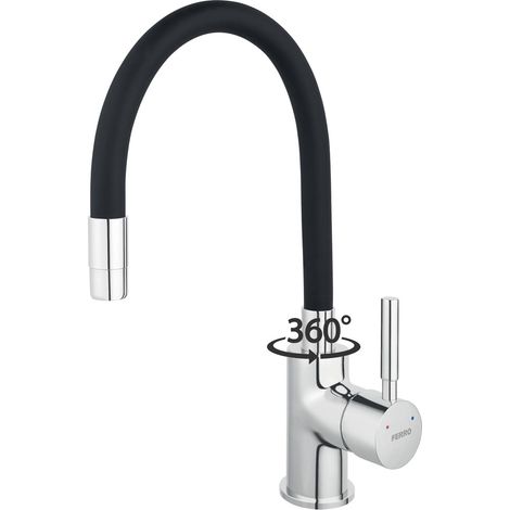 Robinet mitigeur de cuisine flexible noir – Bec articulé et réglable 28-44 cm – Corps en laiton – Clapet anti-retour – Fixation monotrou Ø 35 mm – Ferro (1/6)
