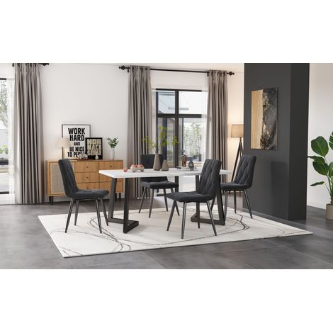 Ensemble salle à manger 117×68 cm table rectangulaire et 4 chaises velours sergé gris foncé,pieds de table noirs design moderne.