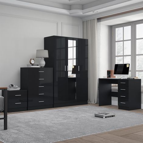 Reflect 3 Door Mirror Wardrobe, 5 Drawer Chest, 2 Drawer Bedside & Desk - Black Gloss & Black Oak - Modern Bedroom Furniture Set